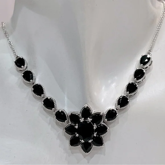 Californian Black Jade Sterling Silver Floral Necklace